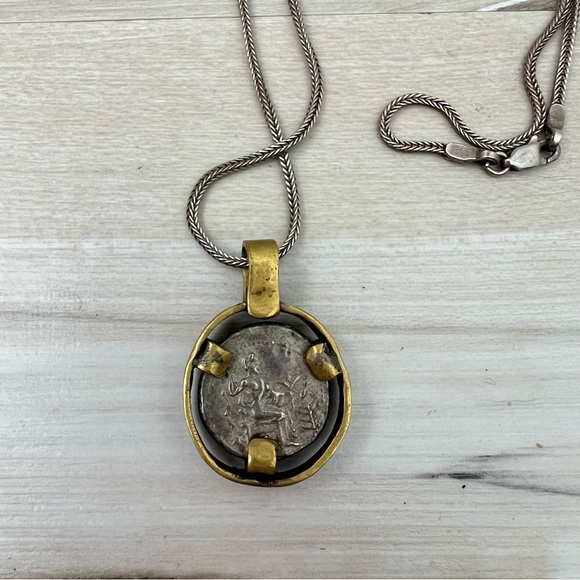 Greek Silver Coin Pendant Necklace .925 Sterling Silver Chain - Picture 4 of 6